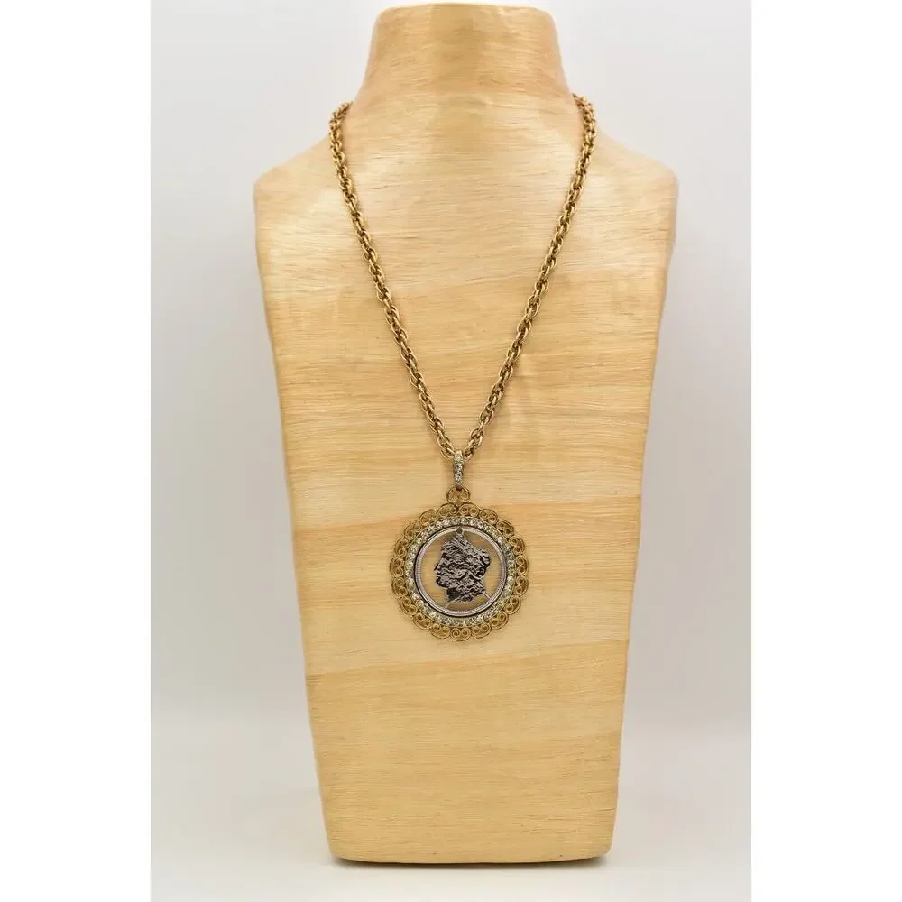 Vintage Carved Coin Heavy Pendant Necklace Crystal Chain Gold Chunky 1970s BinBH